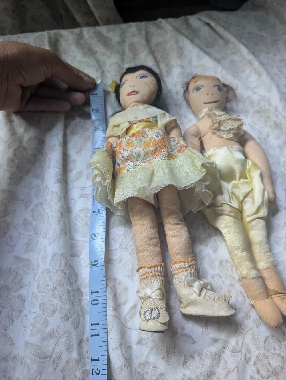Vintage Handmade Cloth Dolls Pair with Fabric Clothing